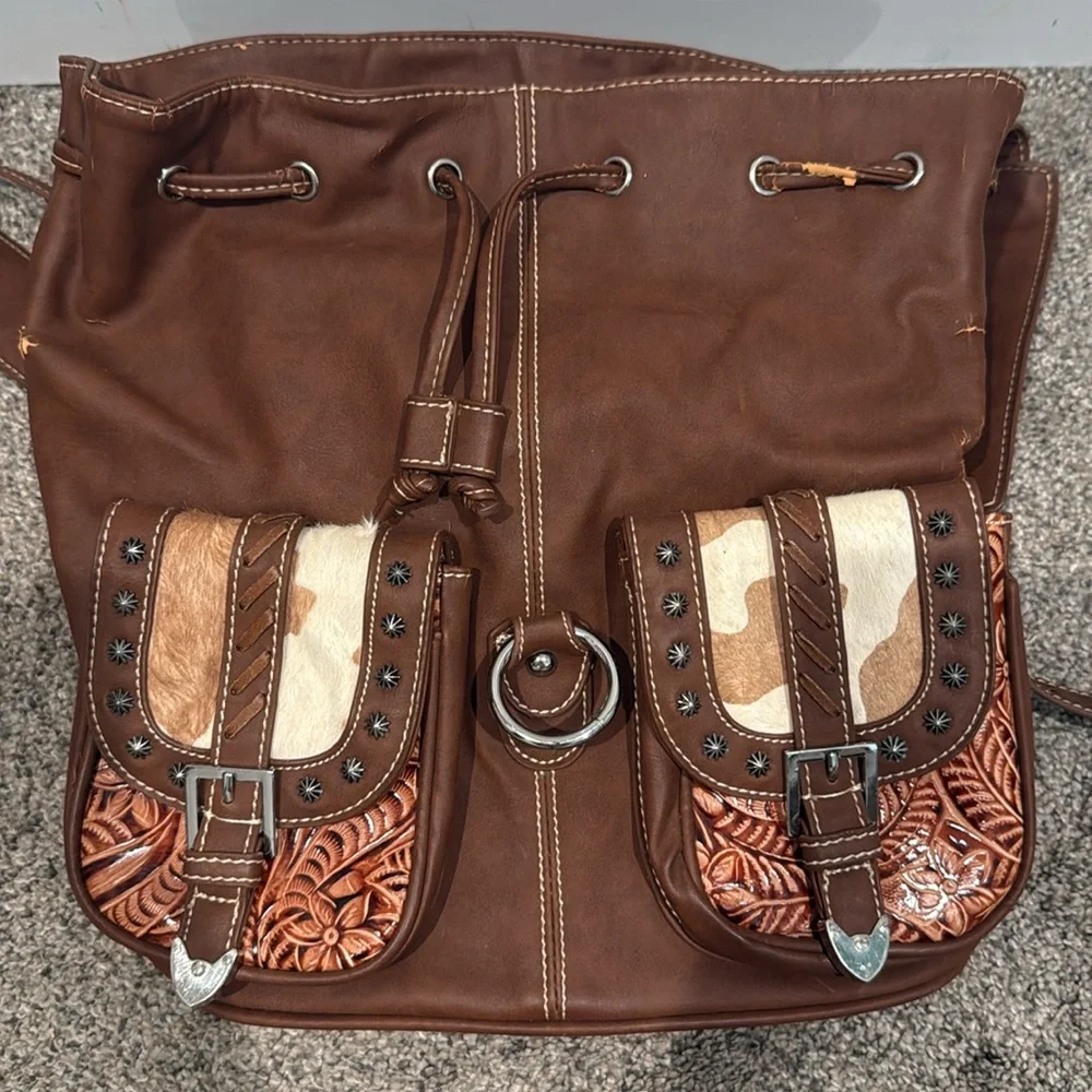 Cream and Brown Genuine Cowhide Leather Western Backpack with Rustic Charm